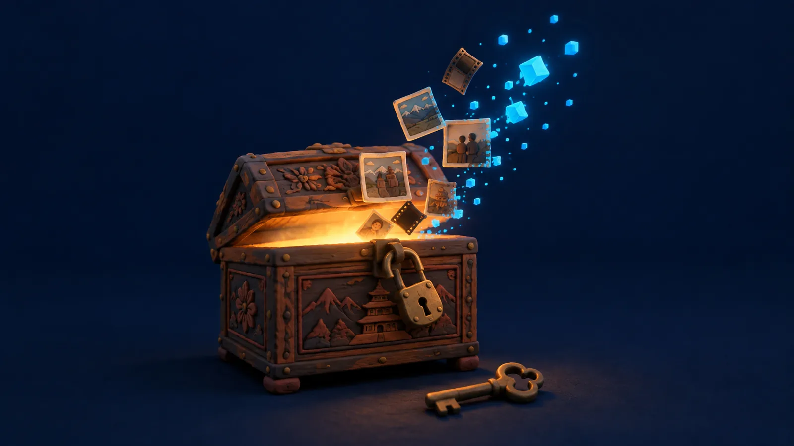 A clay-model carved wooden chest glowing from inside, its brass padlock open, with photos drifting out and turning into blue cubes, and a key lying in front